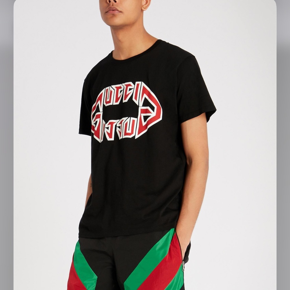 Gucci Men's Black Flipped Metal Logo Cotton-jersey T-shirt